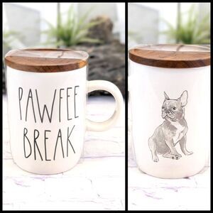 Rae Dunn PAWFEE BREAK Double-Sided Ceramic Mug with Embossed Wooden Lid